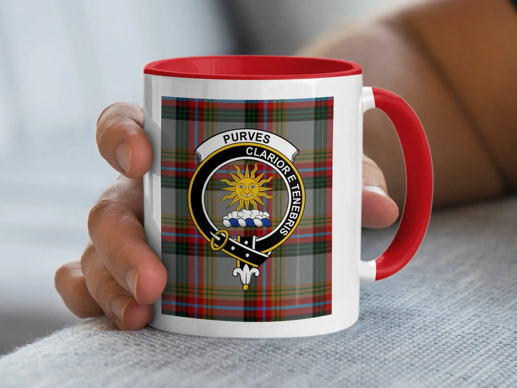 Purves Clan Crest Clarkior E Tenebris Plaid Coffee Mug