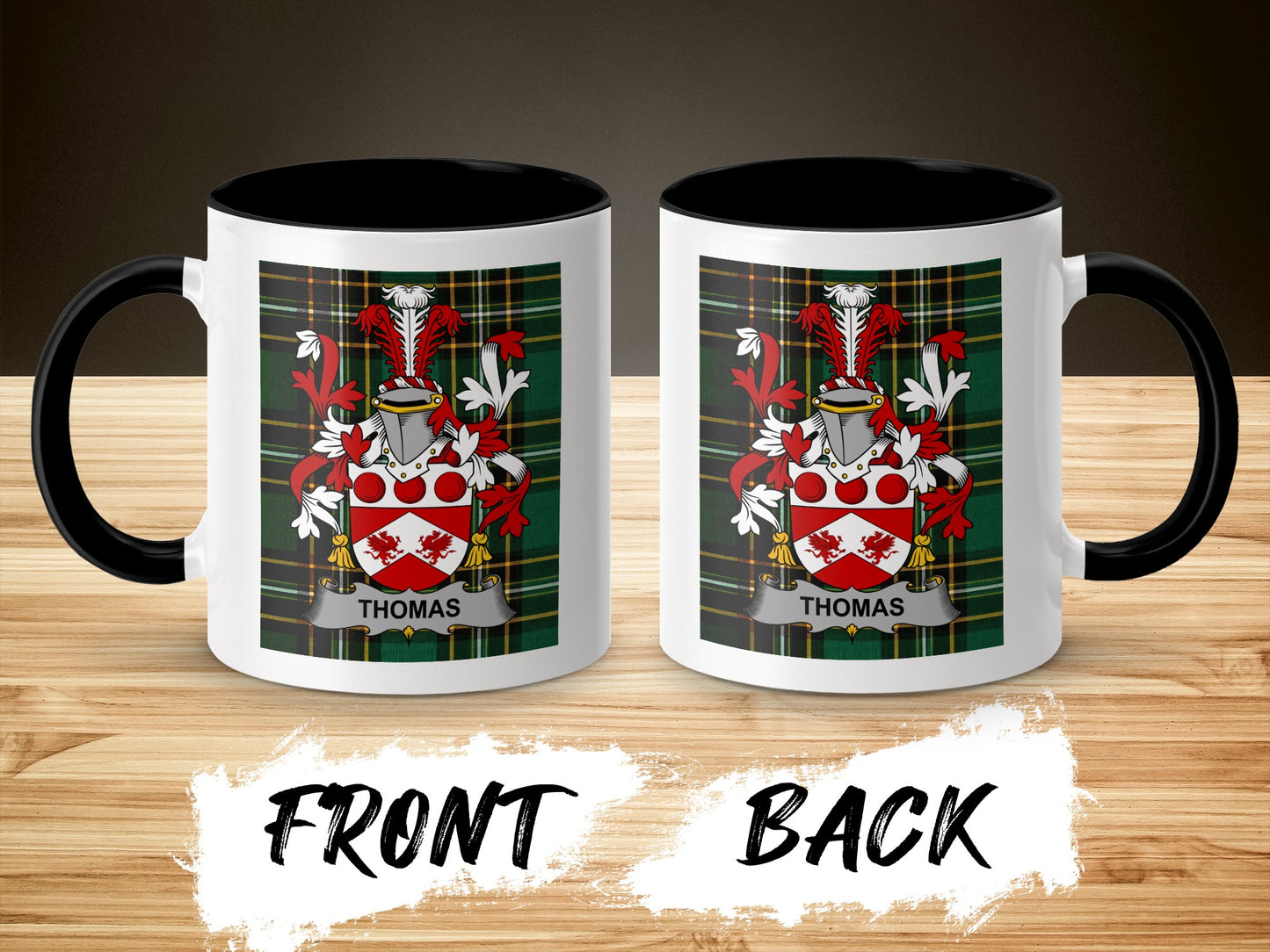Two mugs featuring the Thomas family crest on a plaid background.