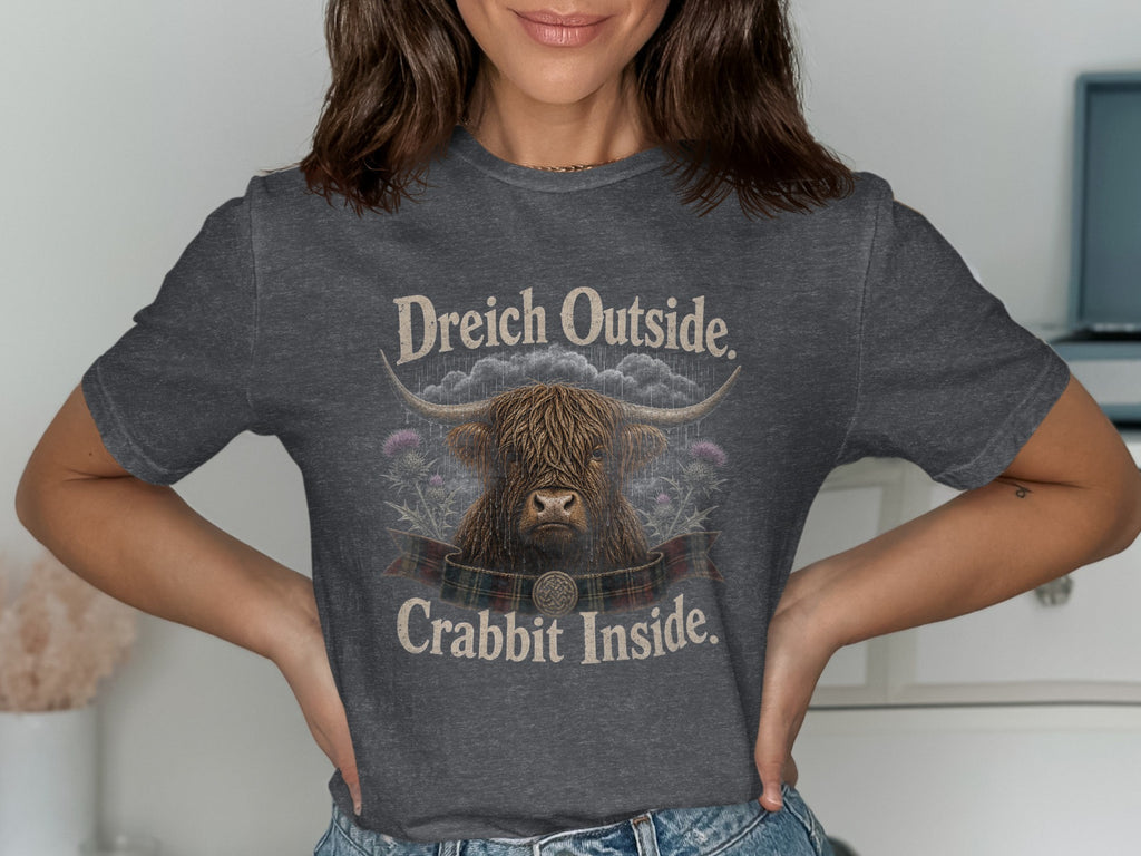 Highland cow graphic with text "Dreich Outside. Crabbit Inside."