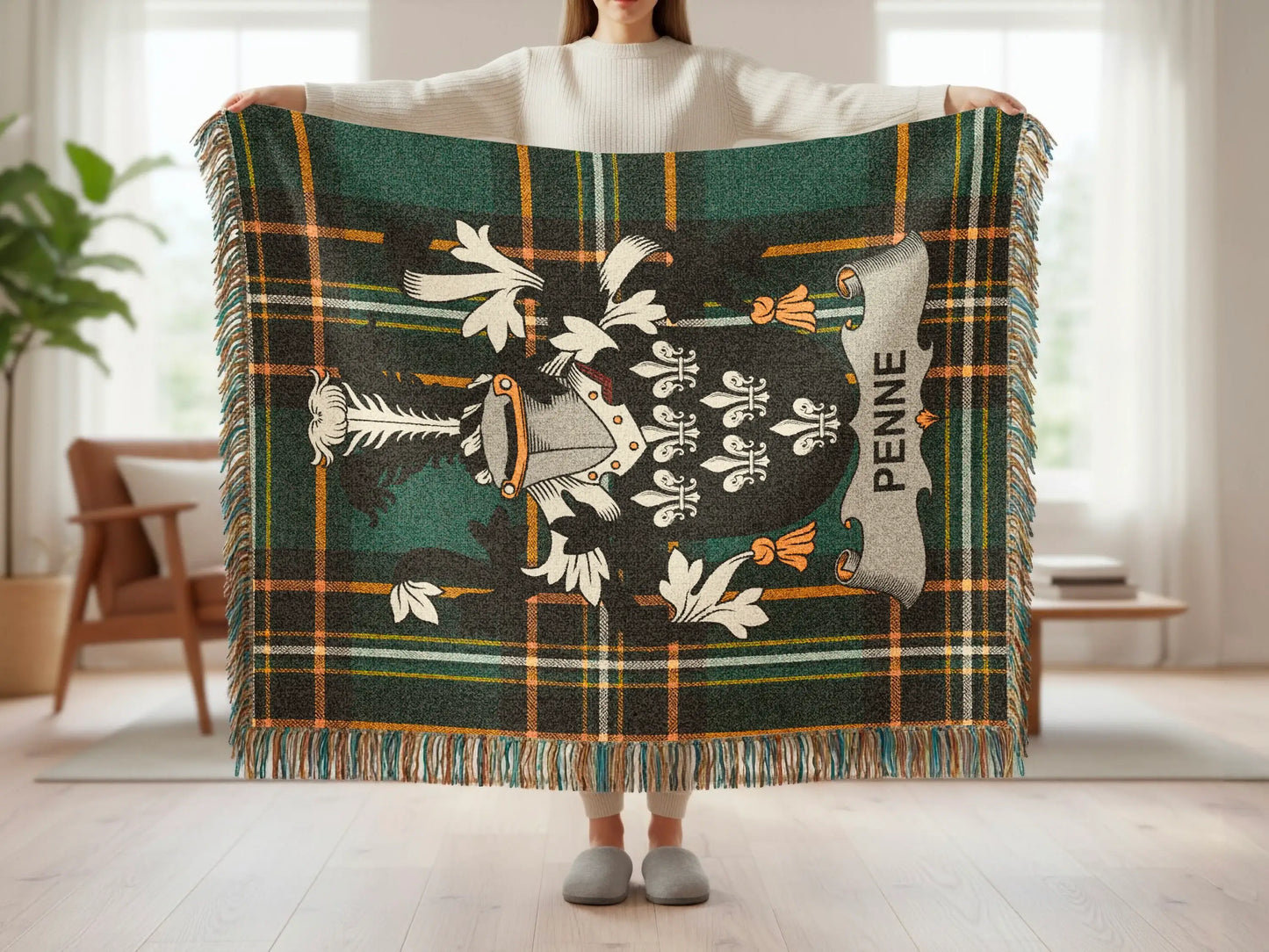 Green plaid throw blanket with crest and PENNE text, held by a person.