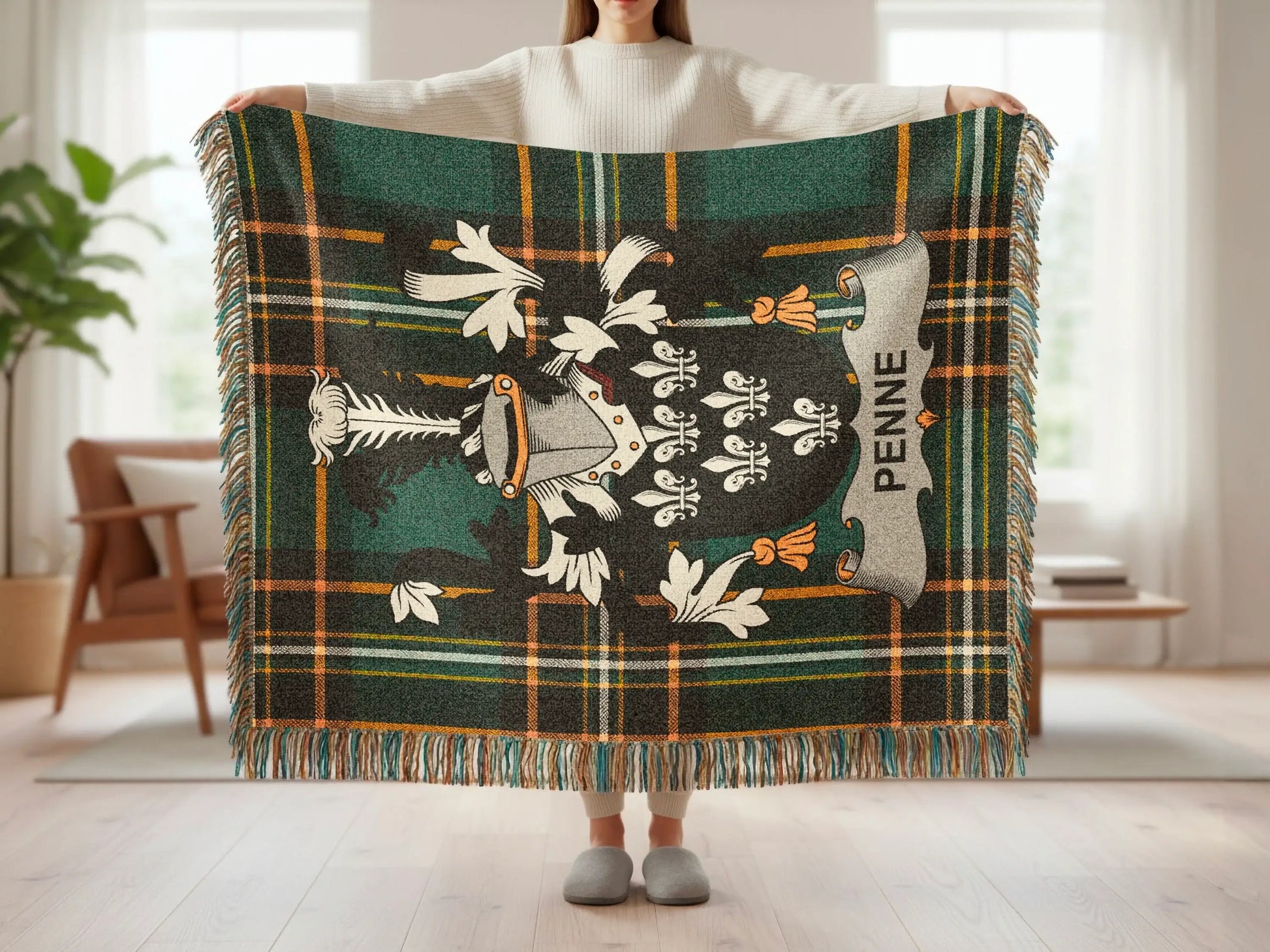 Green plaid throw blanket with crest and PENNE text, held by a person.