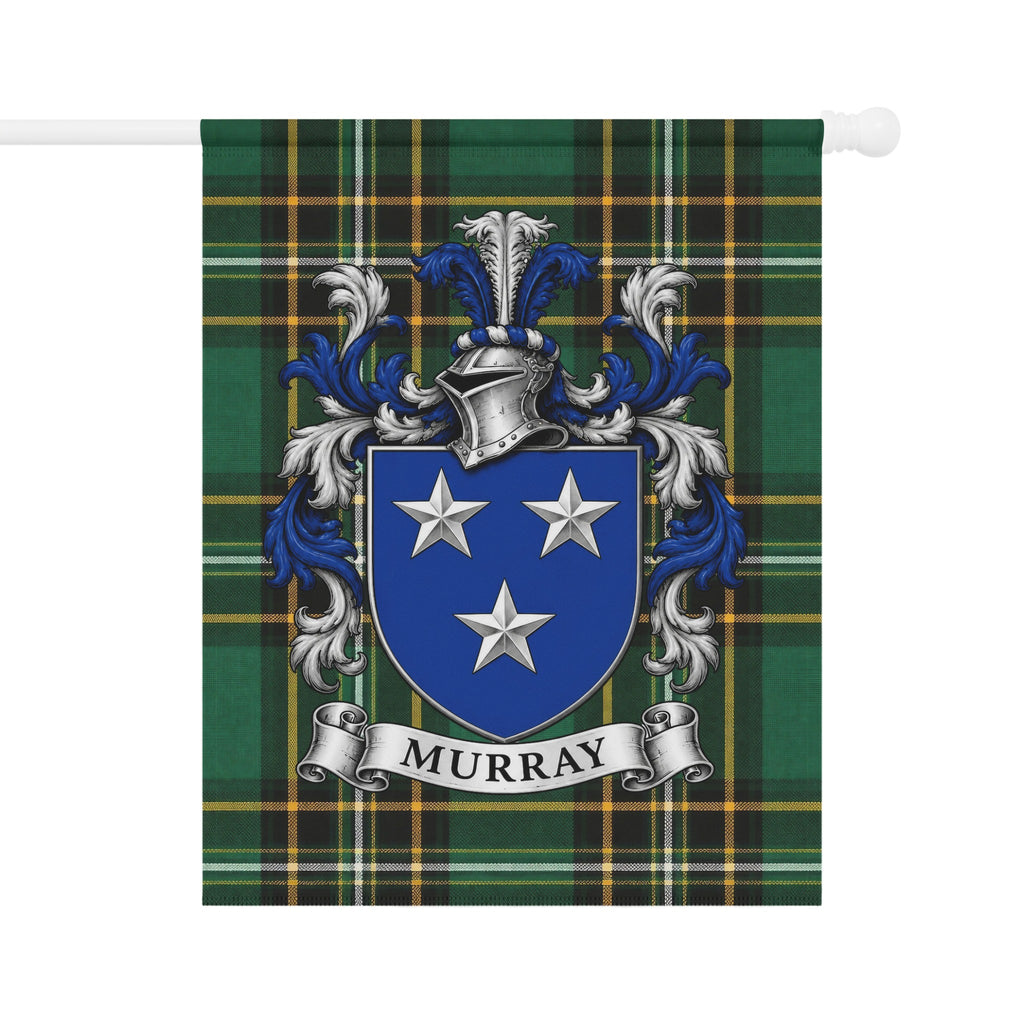 Murray Irish National Tartan garden flag featuring the Murray family crest