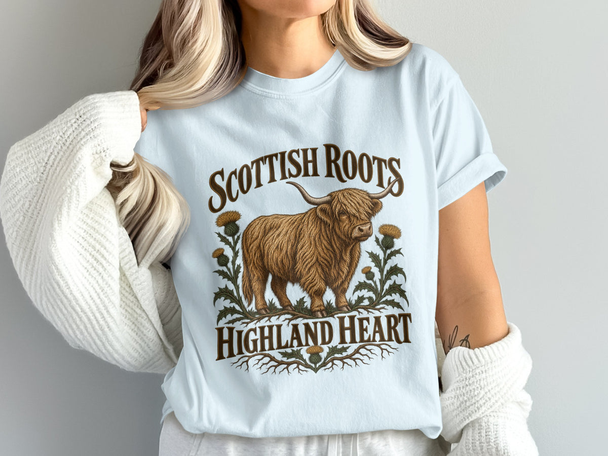 Model wearing the Scottish Roots, Highland Heart Highland cow Comfort Colors T-shirt in Chambray