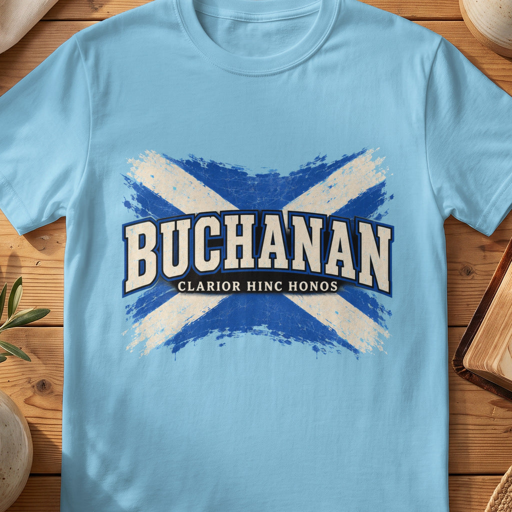 Buchanan Scottish Saltire T-shirt in Sky, with distressed blue and cream flag and “Clarior Hinc Honos” lettering.