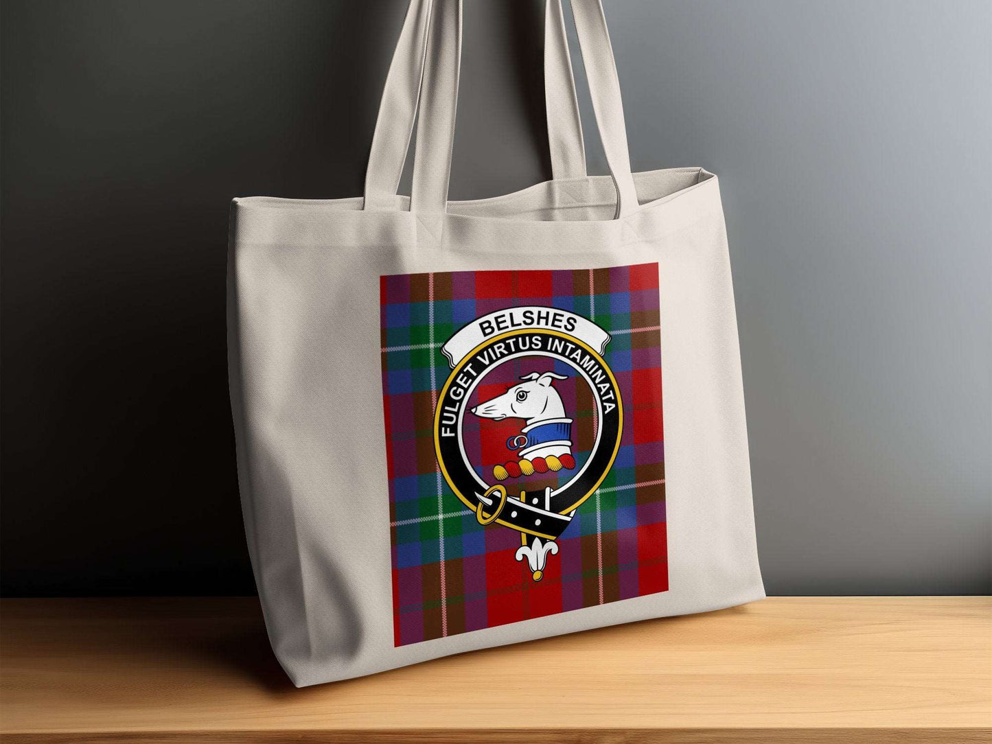 Belshes Clan Crest on Traditional Tartan Tote Bag - Living Stone Gifts