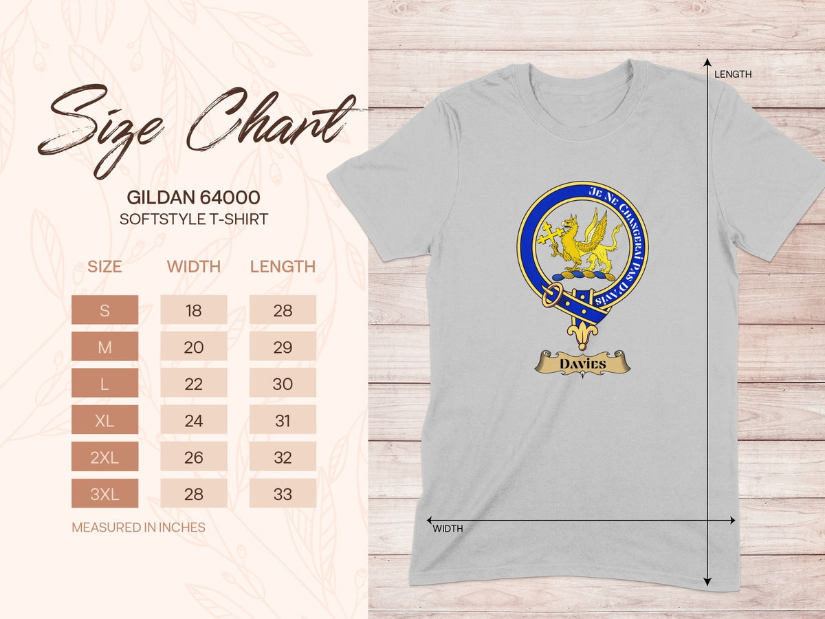 Gildan 64000 size chart for Davies Scottish clan crest T-shirt