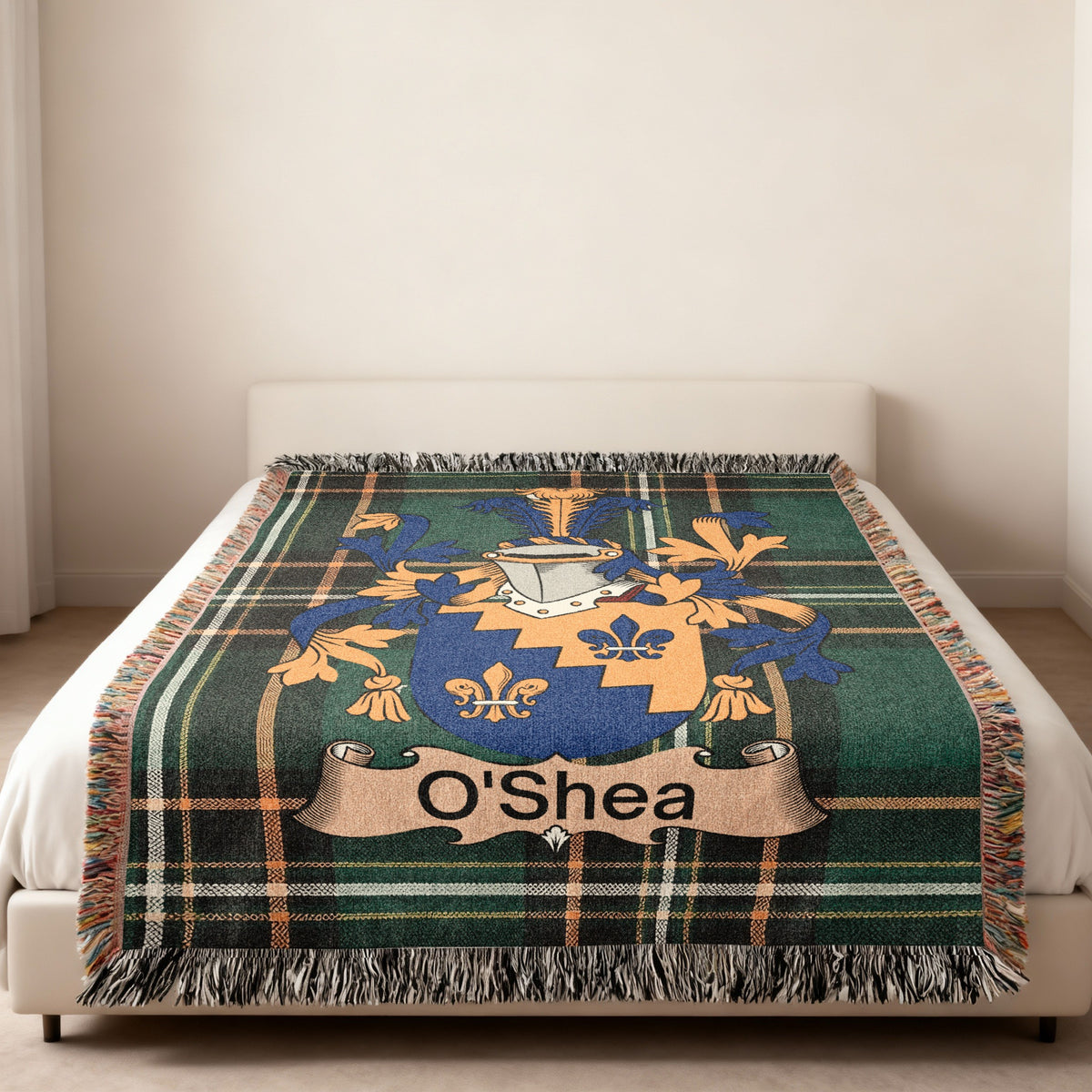O'Shea Irish tartan woven blanket shown full length