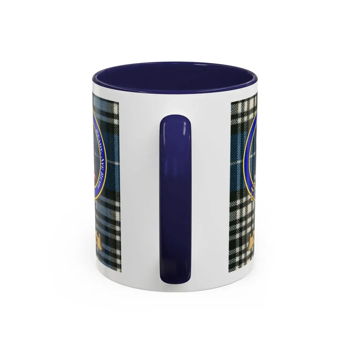 Clan Napier Scottish tartan mug — close-up of crest and plaid accent