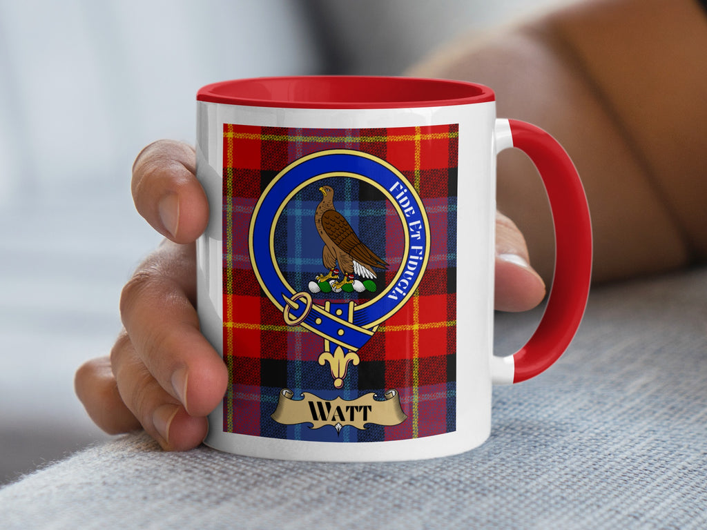 Watt tartan crest mug with red handle and interior — 11oz ceramic