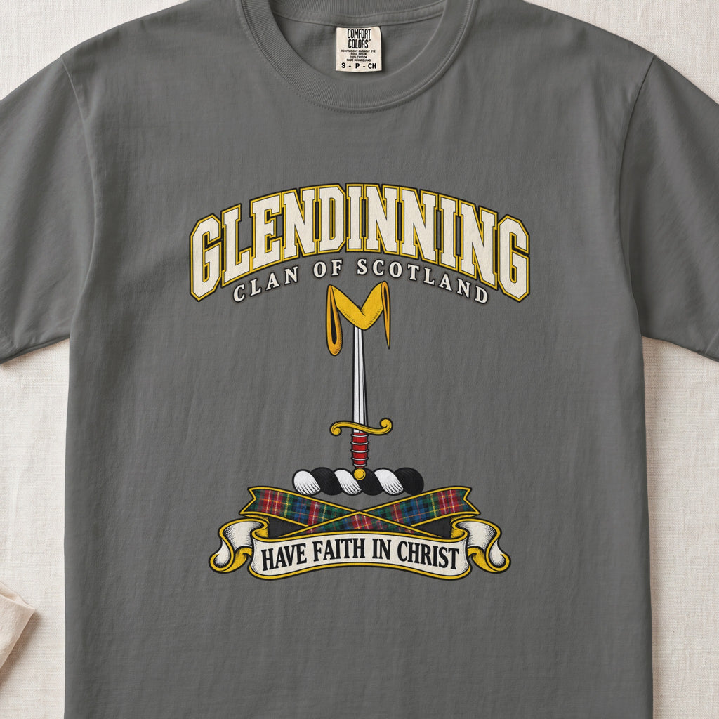 Glendinning Scottish clan T-shirt in Pepper, front view with an upright sword beneath a gold pennon and motto design.