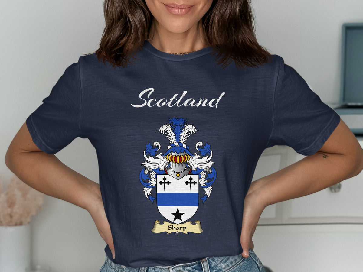 Sharp Scottish family shield design on Navy T-shirt