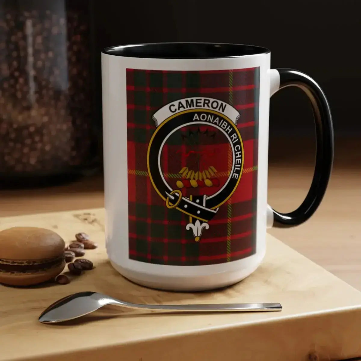 Cameron clan tartan 15oz accent mug — navy handle and interior, full red crest on white ceramic