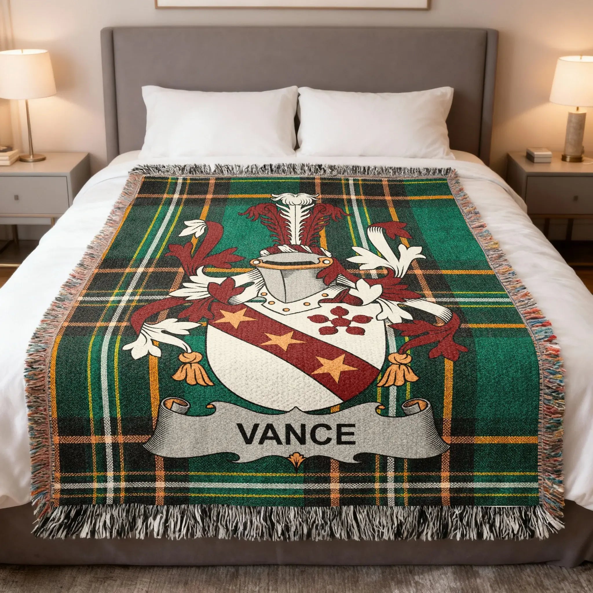 Vance family crest on a green tartan plaid woven throw blanket.