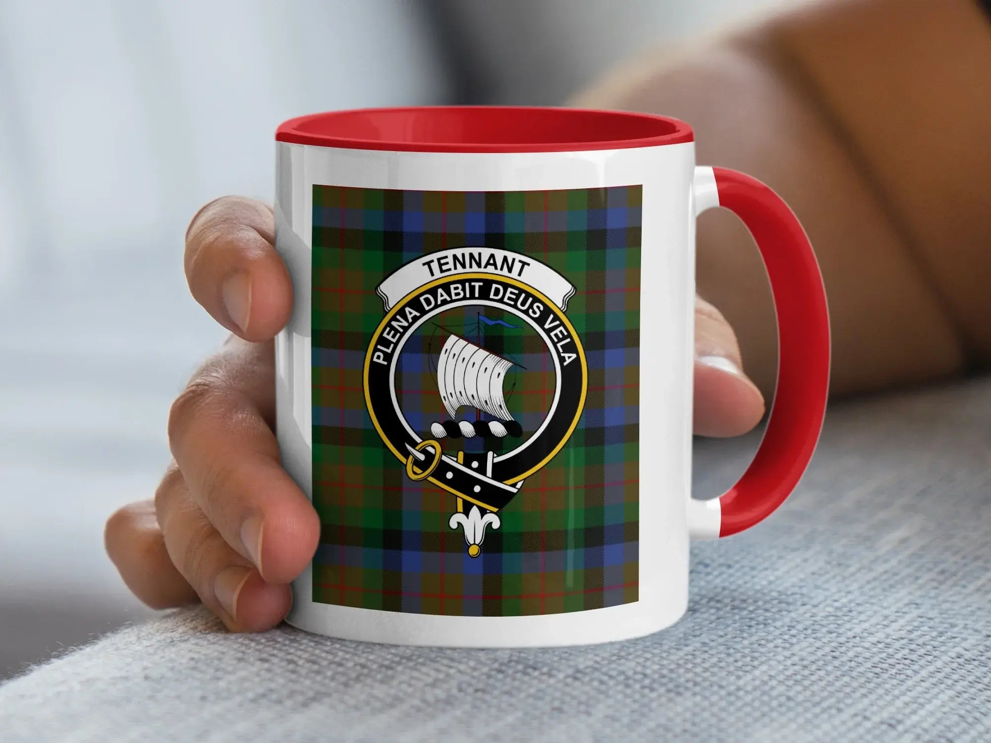 Clan Tennant plaid design mug — red handle and interior, glossy finish