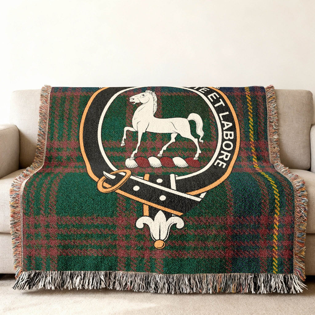 Cochrane clan horse crest tartan woven sofa throw blanket — fringe edge detail