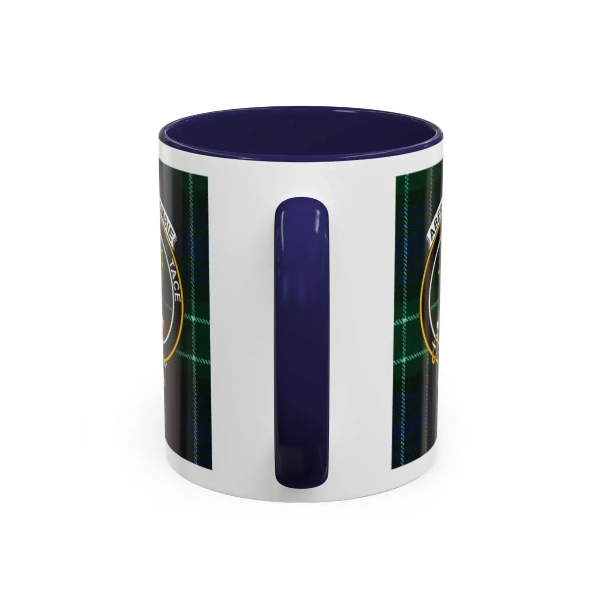 Clan Abercrombie Scottish tartan mug — close-up of crest and accent interior