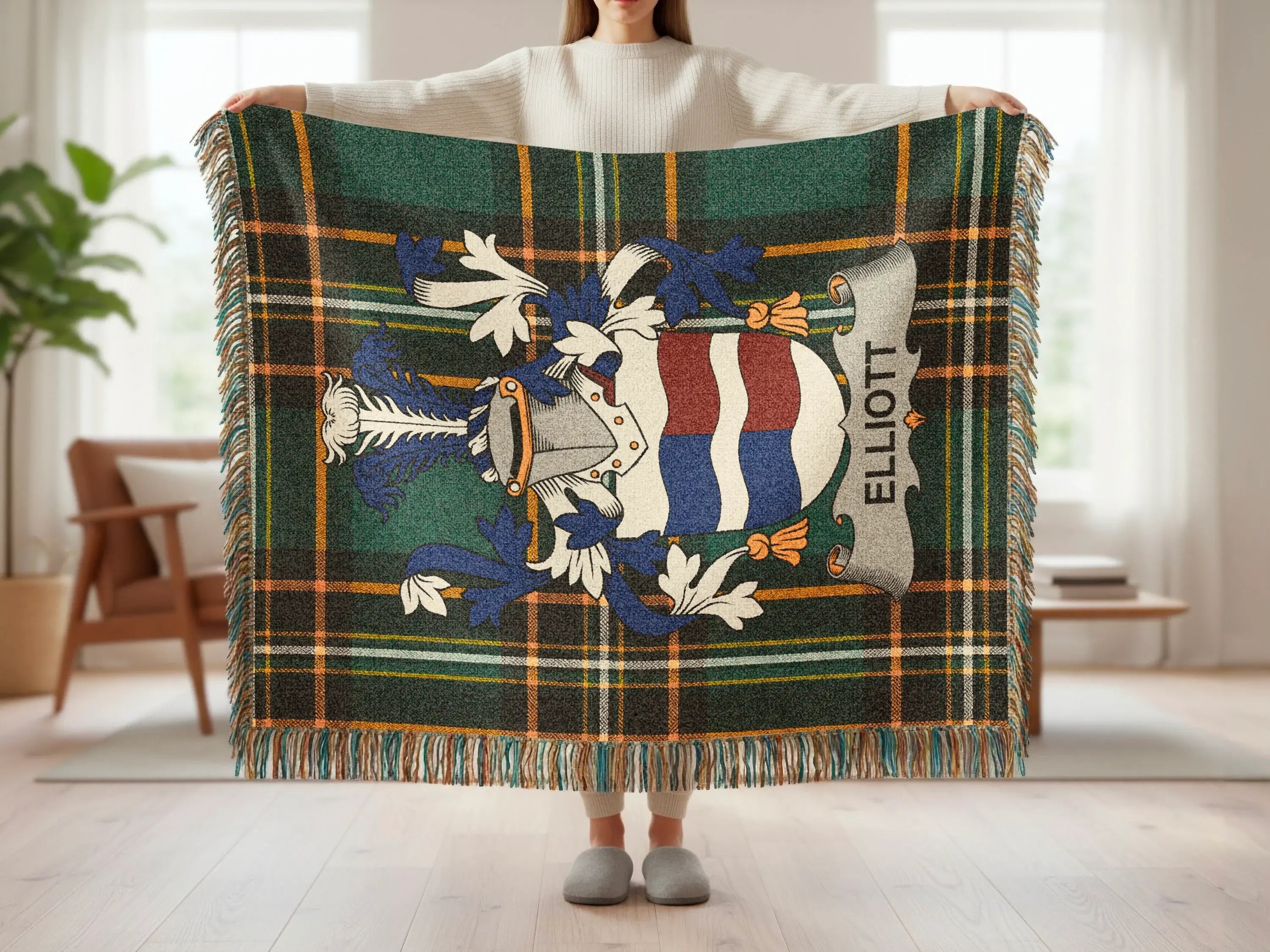 Elliott Clan Crest Plaid Design Woven Fringed Throw product type