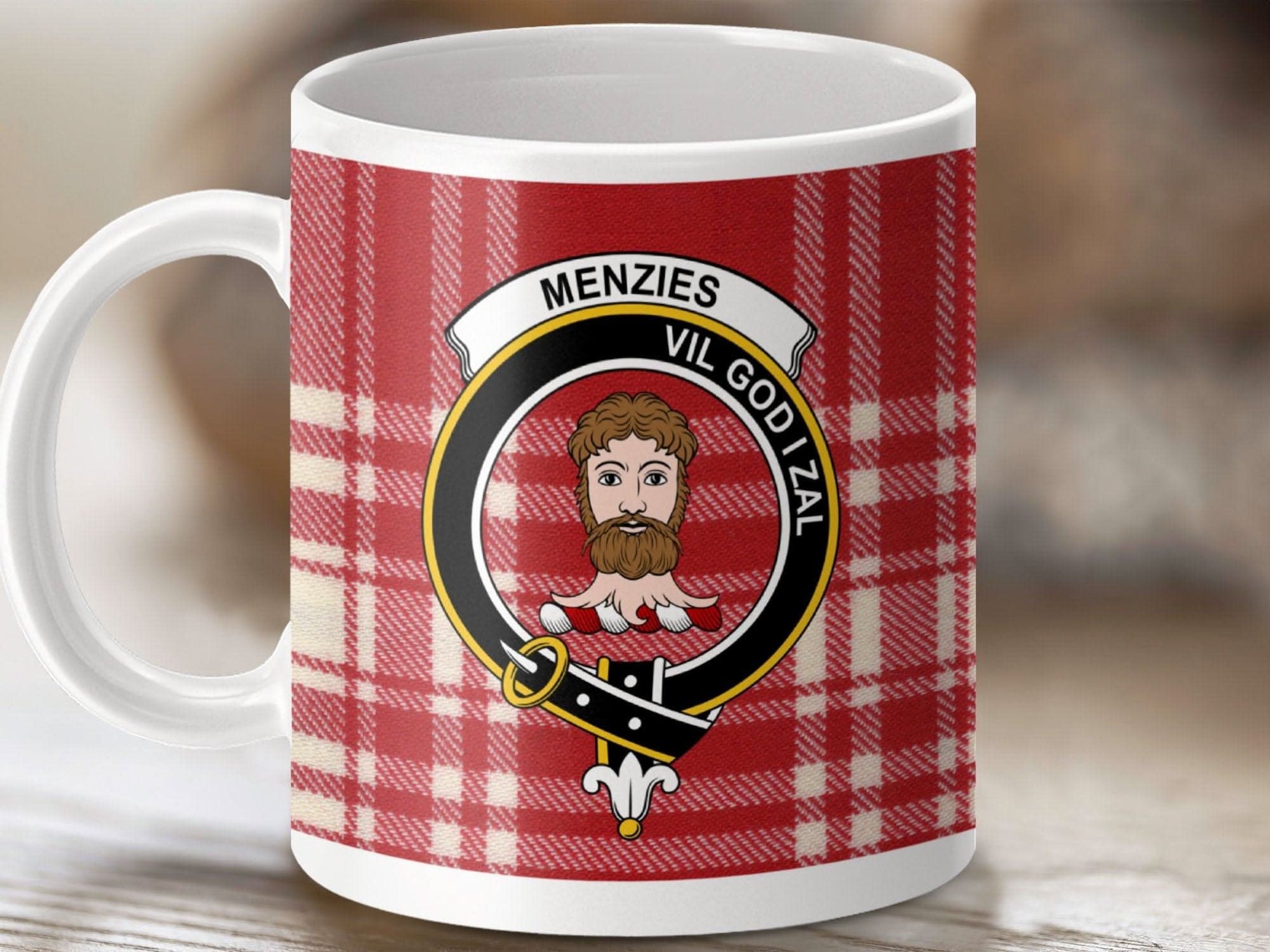 Menzies Family Crest with Red Tartan Pattern Mug product