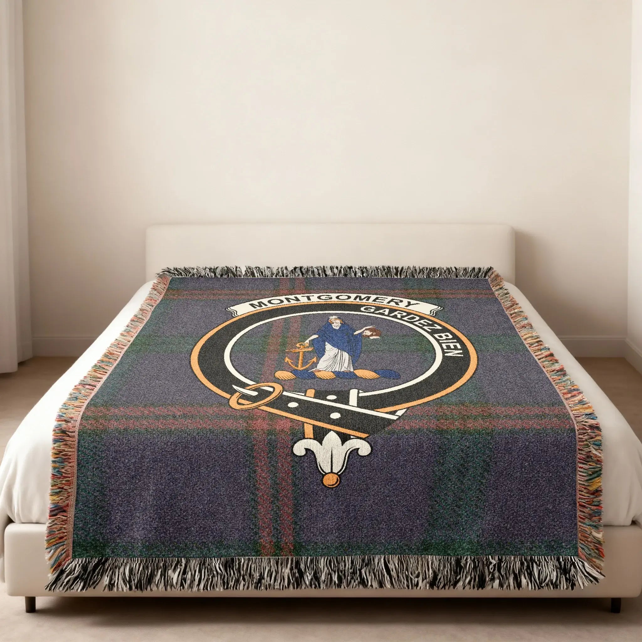 Montgomery Gardez Bien plaid tartan woven blanket folded — clan crest on cotton with fringe