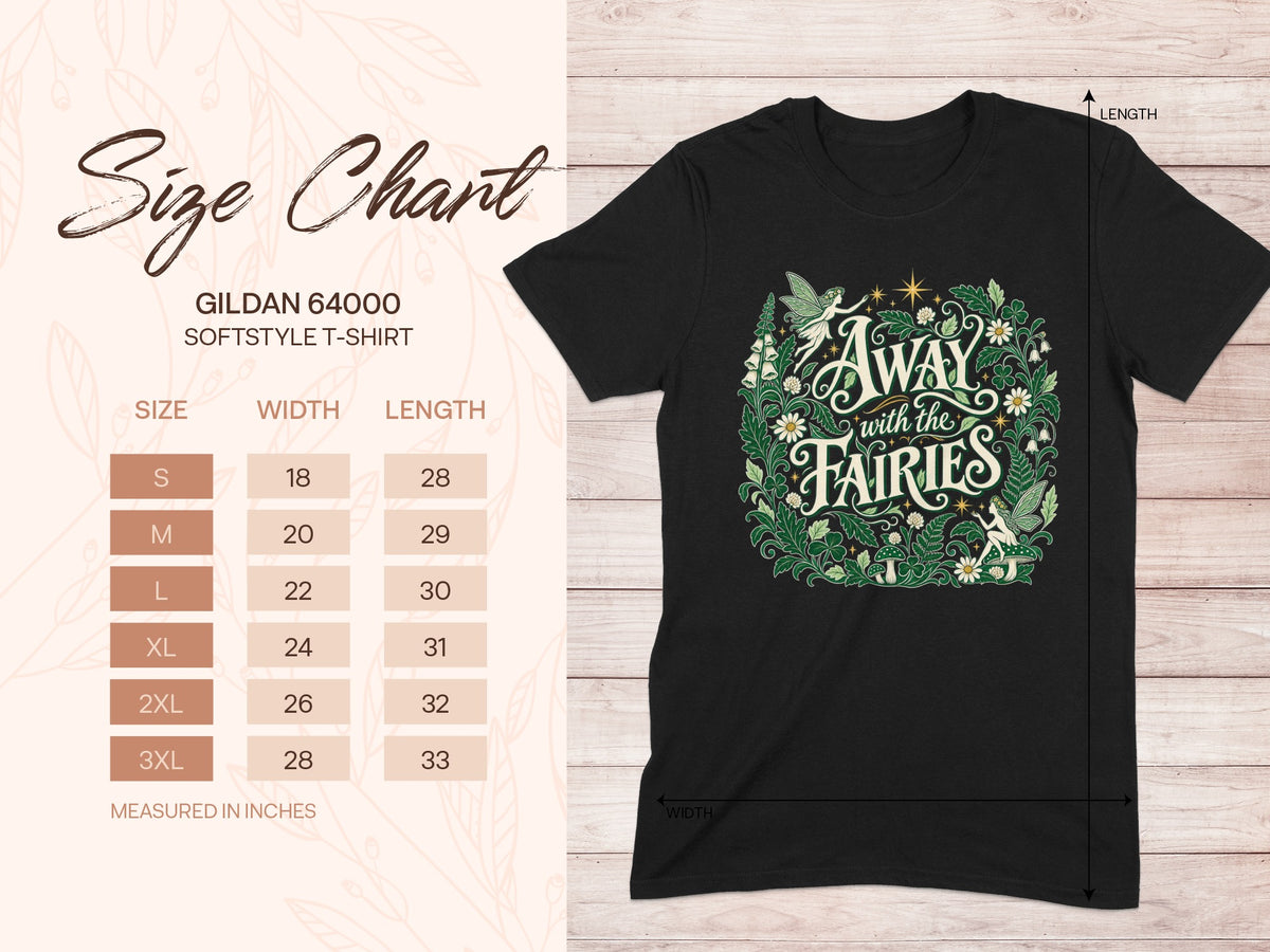 Gildan 64000 unisex T-shirt size chart with width and length measurements