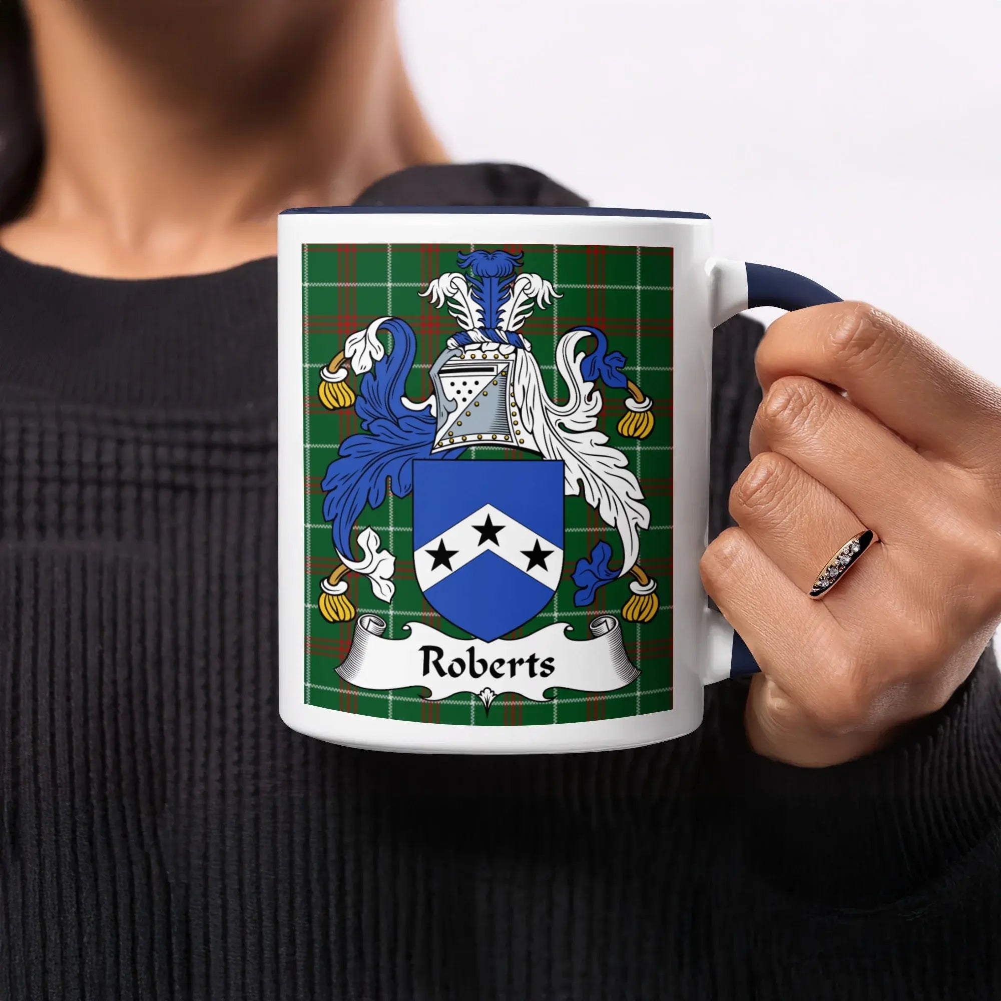 Roberts Welsh ancestry gift mug with blue shield and silver stars crest on green tartan