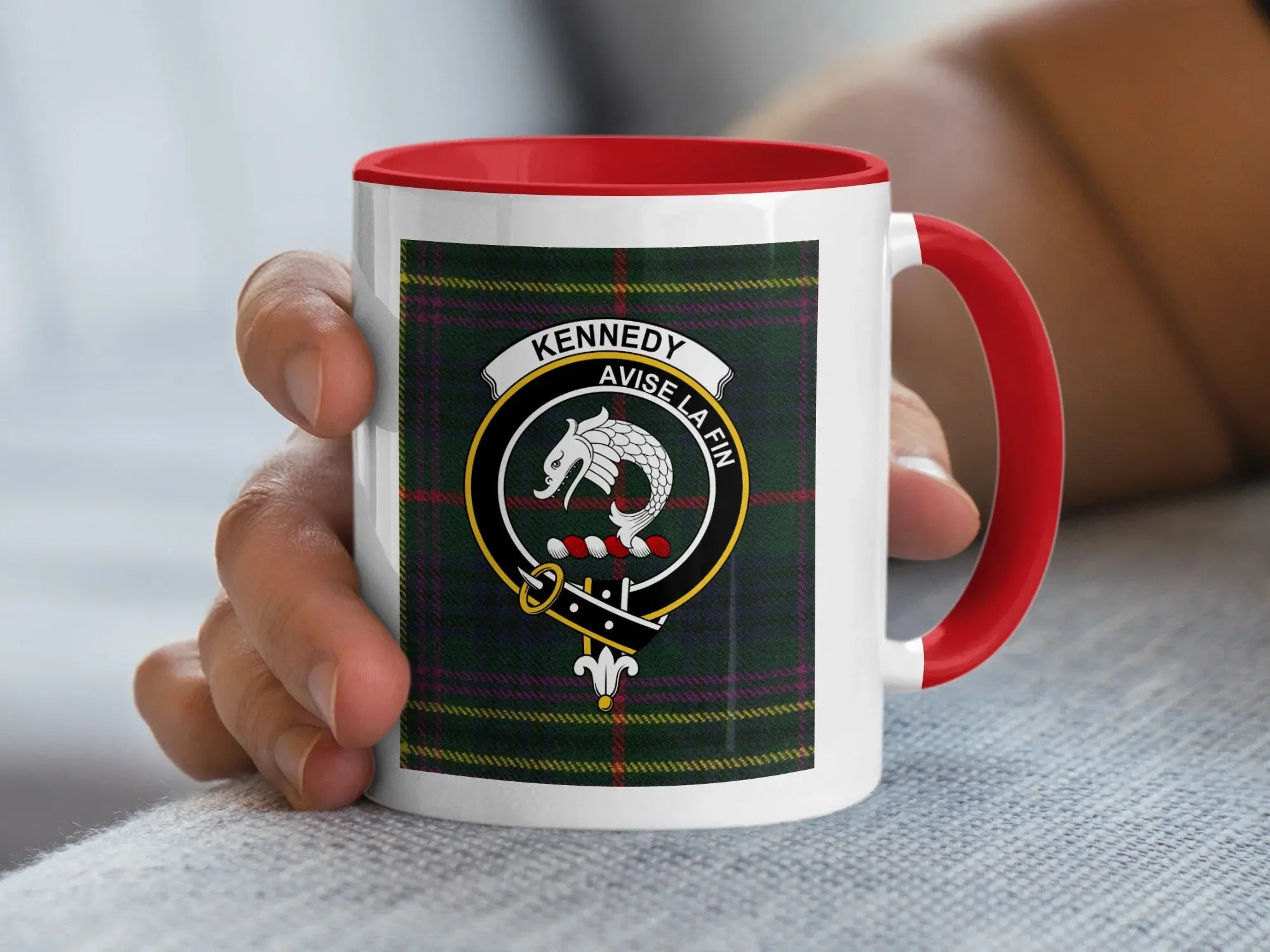 Kennedy Avise La Fin family crest tartan mug 15oz — glossy white ceramic with clan design