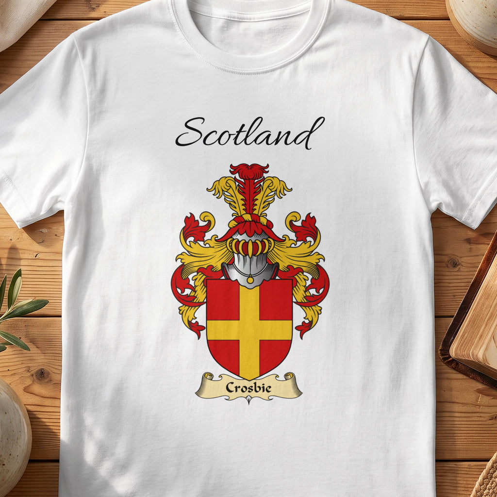 White Crosbie Scottish family shield T-shirt featuring a gold cross on a red shield