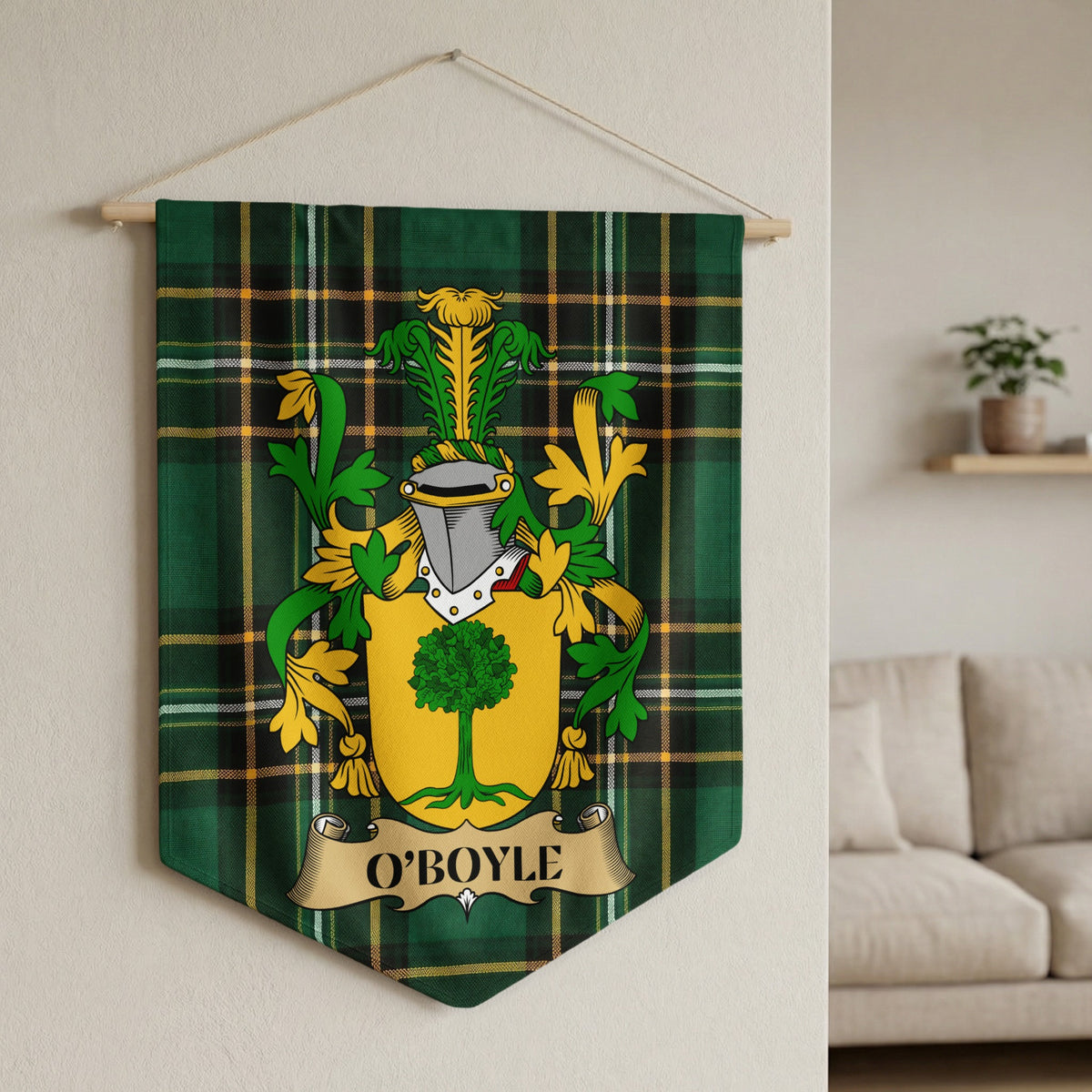 O'Boyle family crest on green plaid fabric banner, hanging on wall.