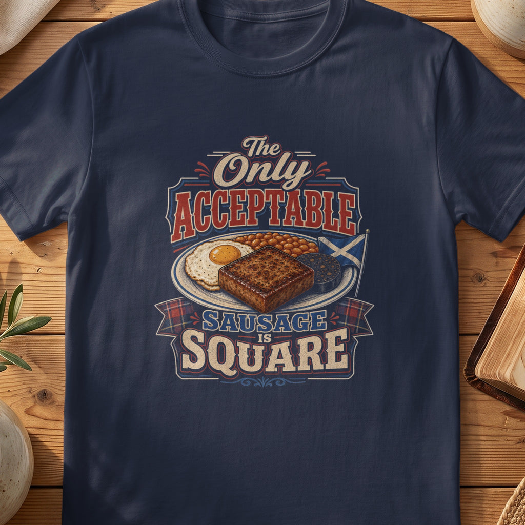 Navy Gildan 64000 unisex T-shirt flatlay with The Only Acceptable Sausage Is Square Scottish graphic design