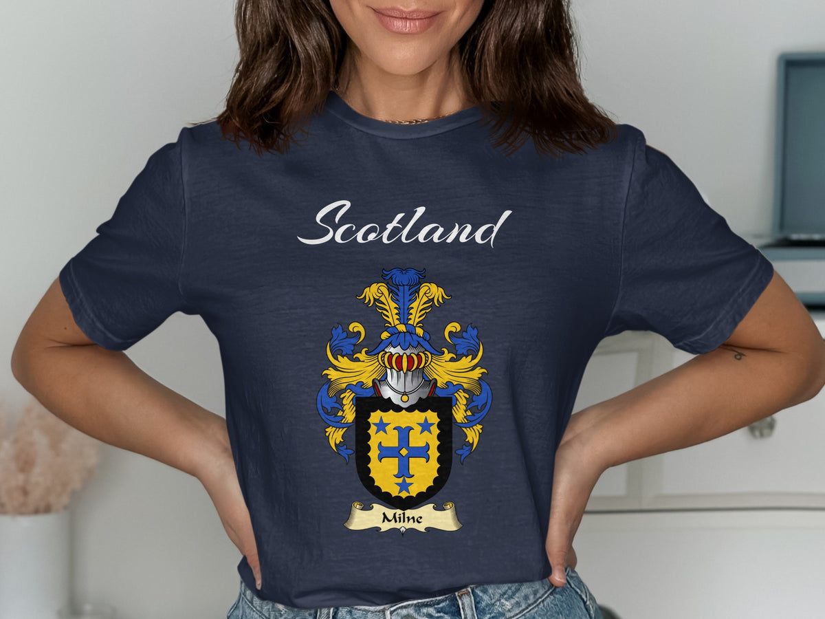 Milne Scottish family shield design on Navy T-shirt
