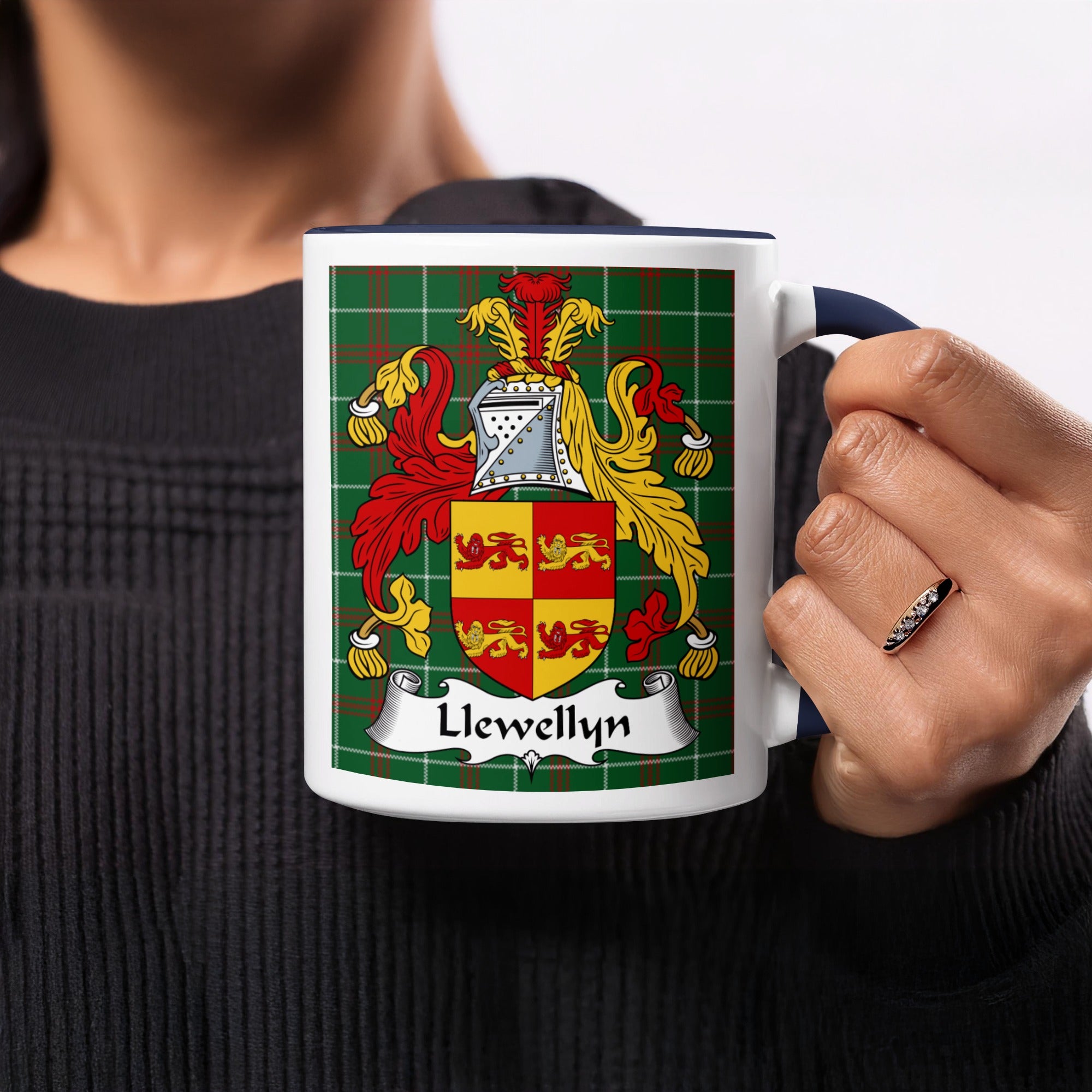 Llewellyn Welsh ancestry gift mug with red gold and green crest on green tartan