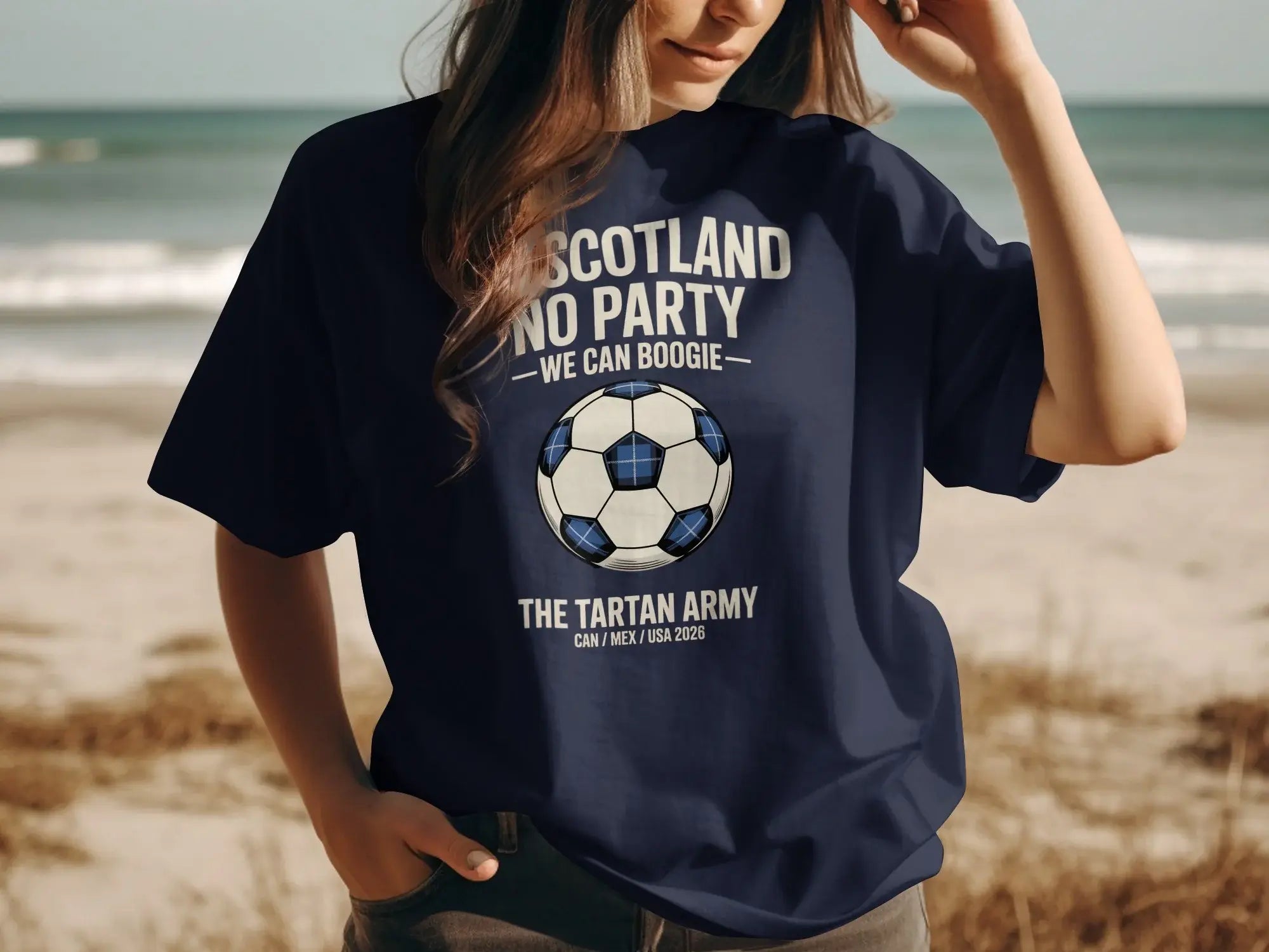Dark blue t-shirt with "Scotland No Party We Can Boogie" and soccer ball design.