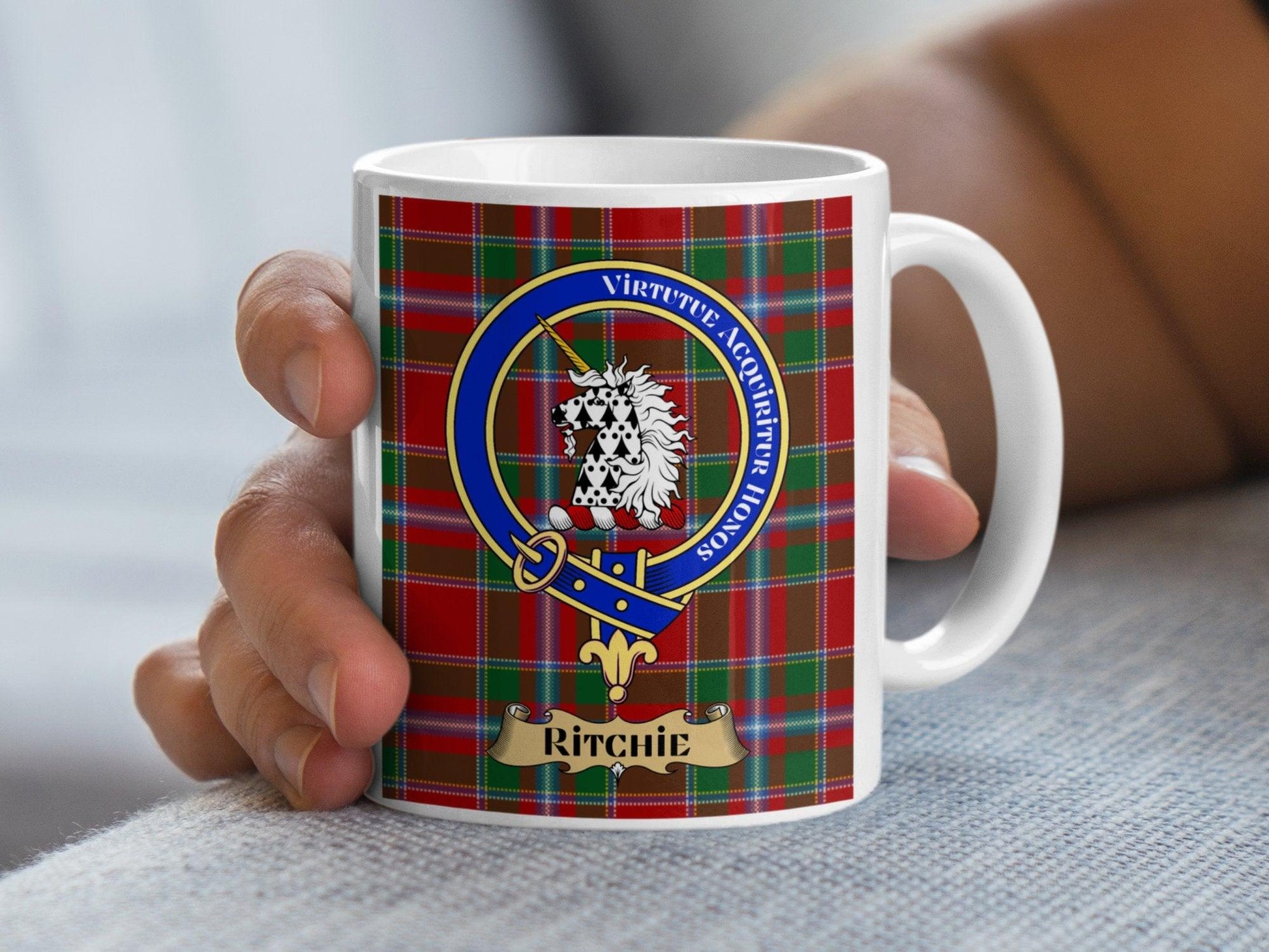 Ritchie Clan Crest on Traditional Scottish Tartan Mug - Living Stone Gifts