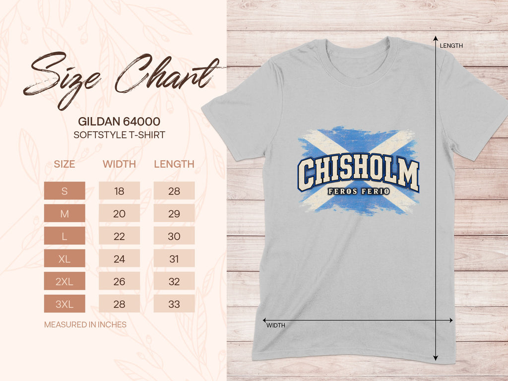 Gildan Softstyle 64000 size chart for the Chisholm Saltire T-shirt, showing shirt width and length in inches.