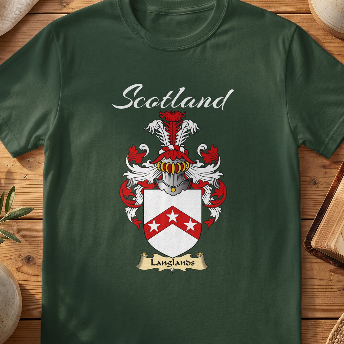 Forest Green Langlands Scottish T-shirt featuring a red chevron carrying white stars