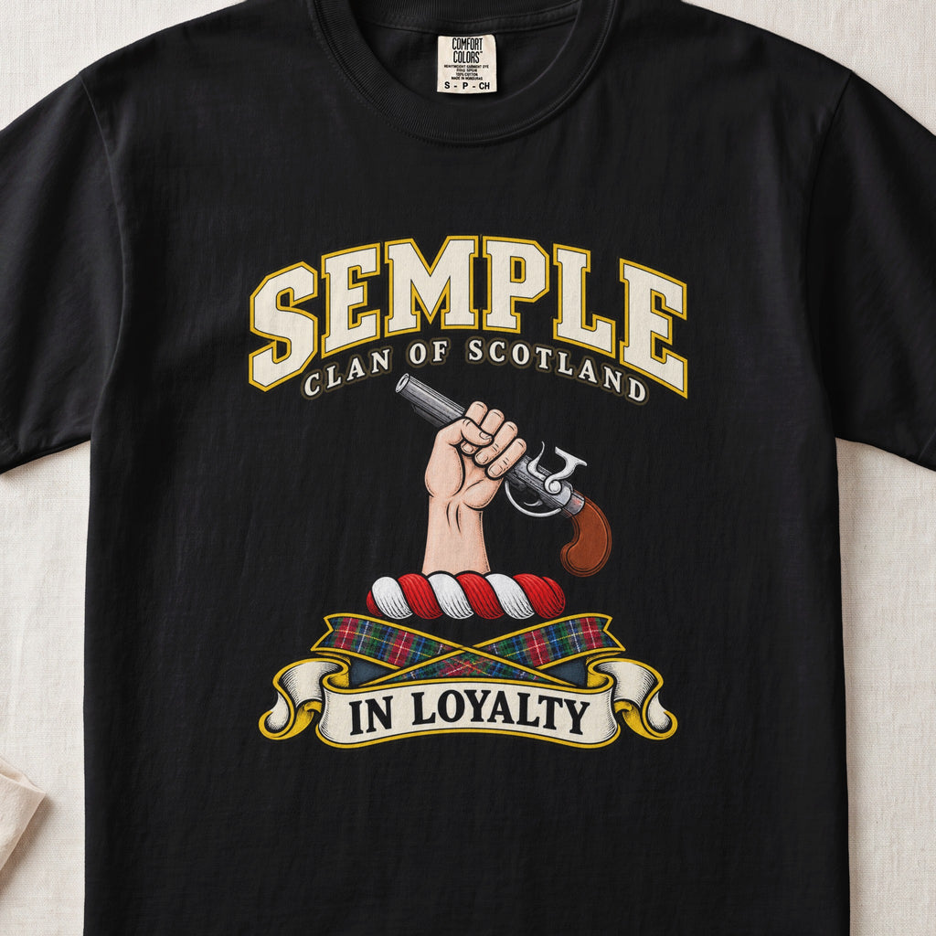 Semple Scottish clan T-shirt in Black, front view with a hand holding a flintlock pistol and motto banner.