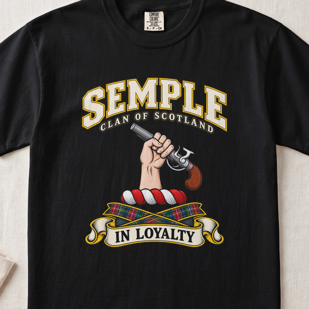Semple Scottish clan T-shirt in Black, front view with a hand holding a flintlock pistol and motto banner.