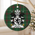 Hughes Style 2 ornament hanging from a pale wooden branch; a black lion on a white shield on Welsh national tartan.
