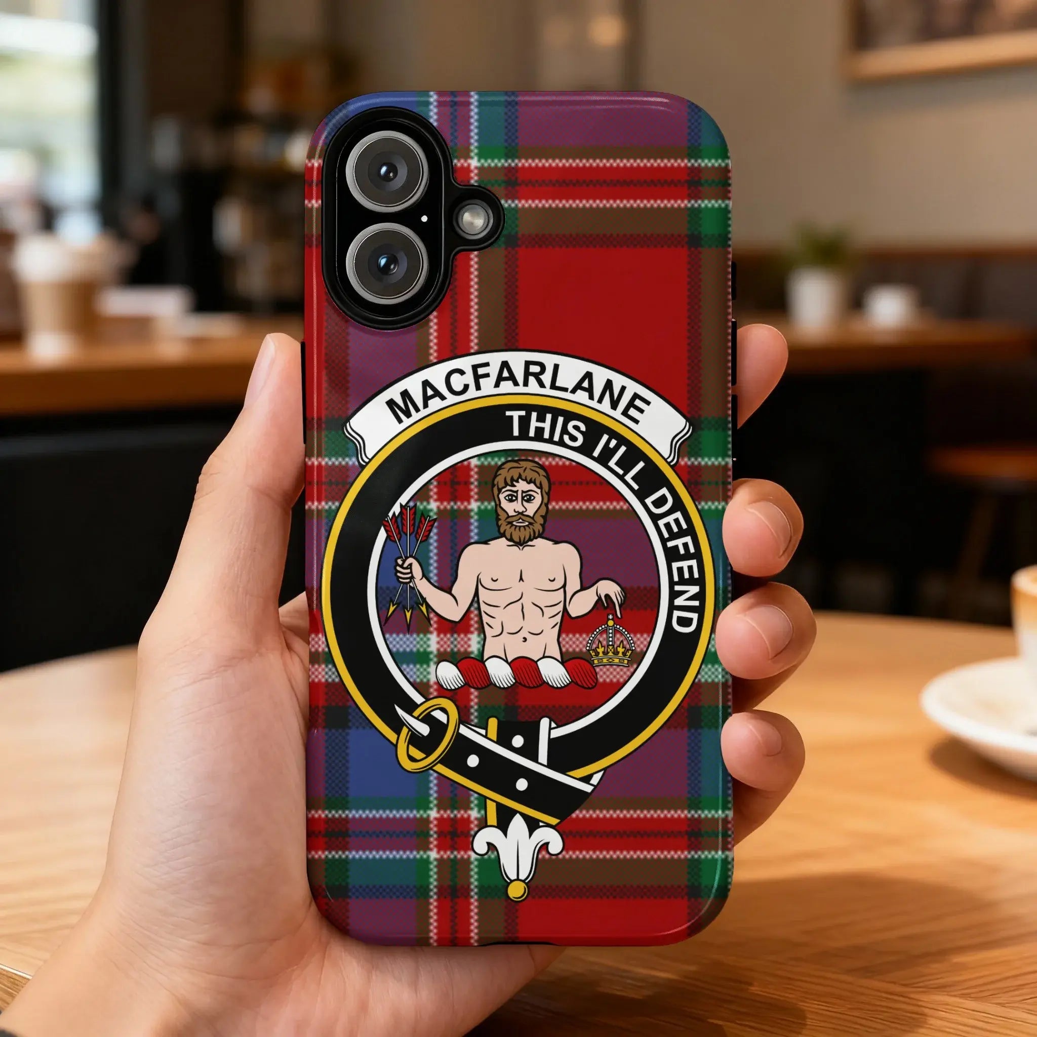 MacFarlane This I'll Defend tartan phone case — edge-to-edge plaid design with clan crest motto