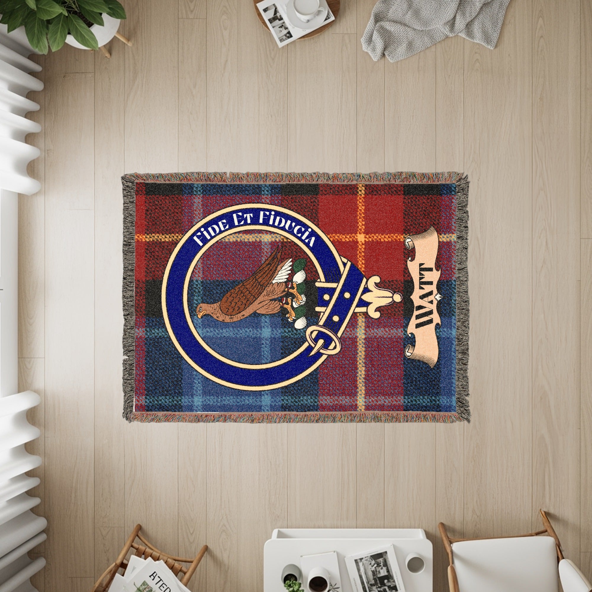 Watt tartan blanket featuring a crest with an eagle and the motto "Fide Et Fiducia".