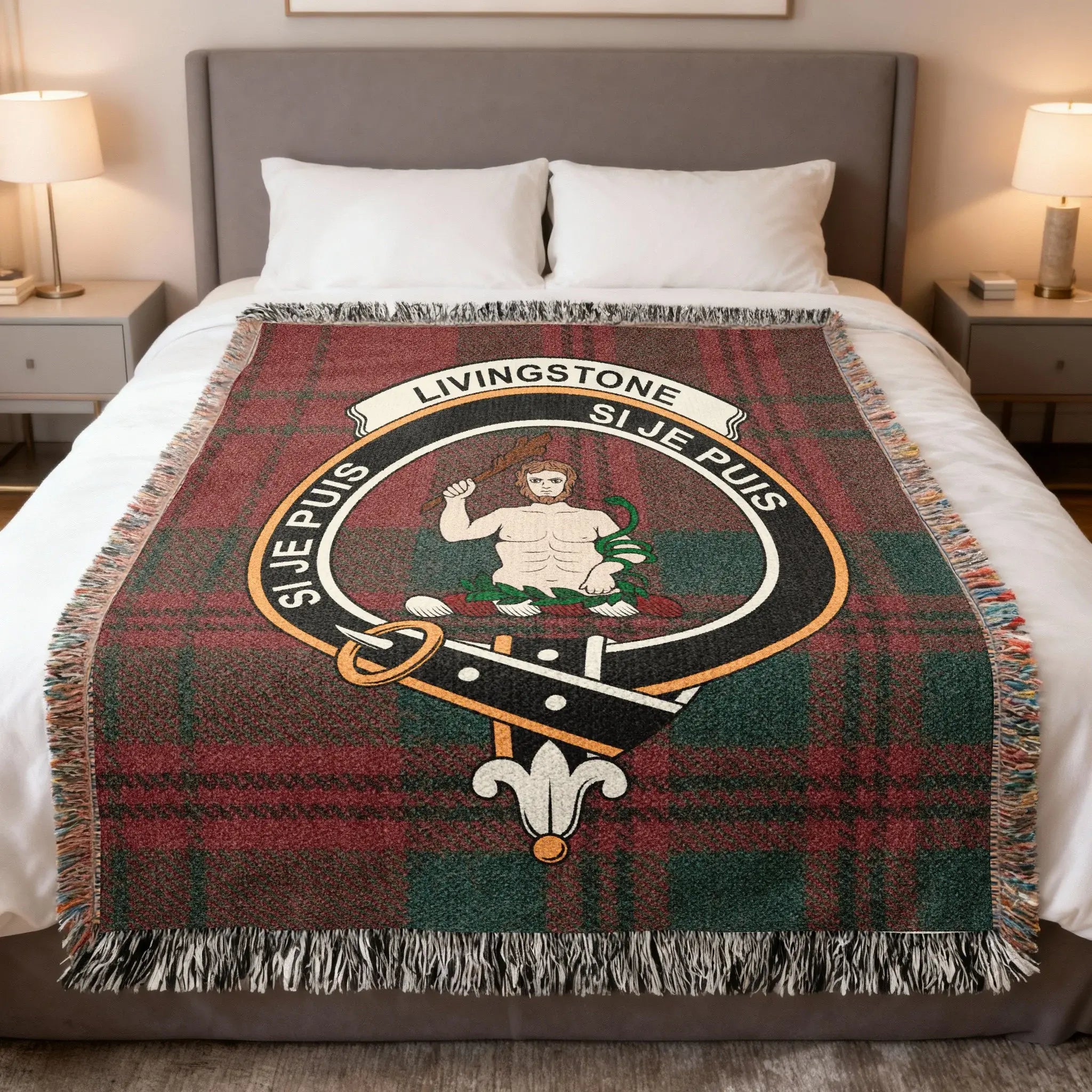 Clan Livingstone woven tartan blanket — cotton weave with fringe edging and Si Je Puis crest, 52x37 inch