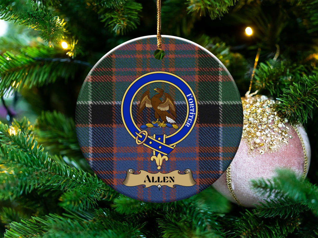 Allen clan crest tartan ceramic ornament with falcon on a Christmas tree