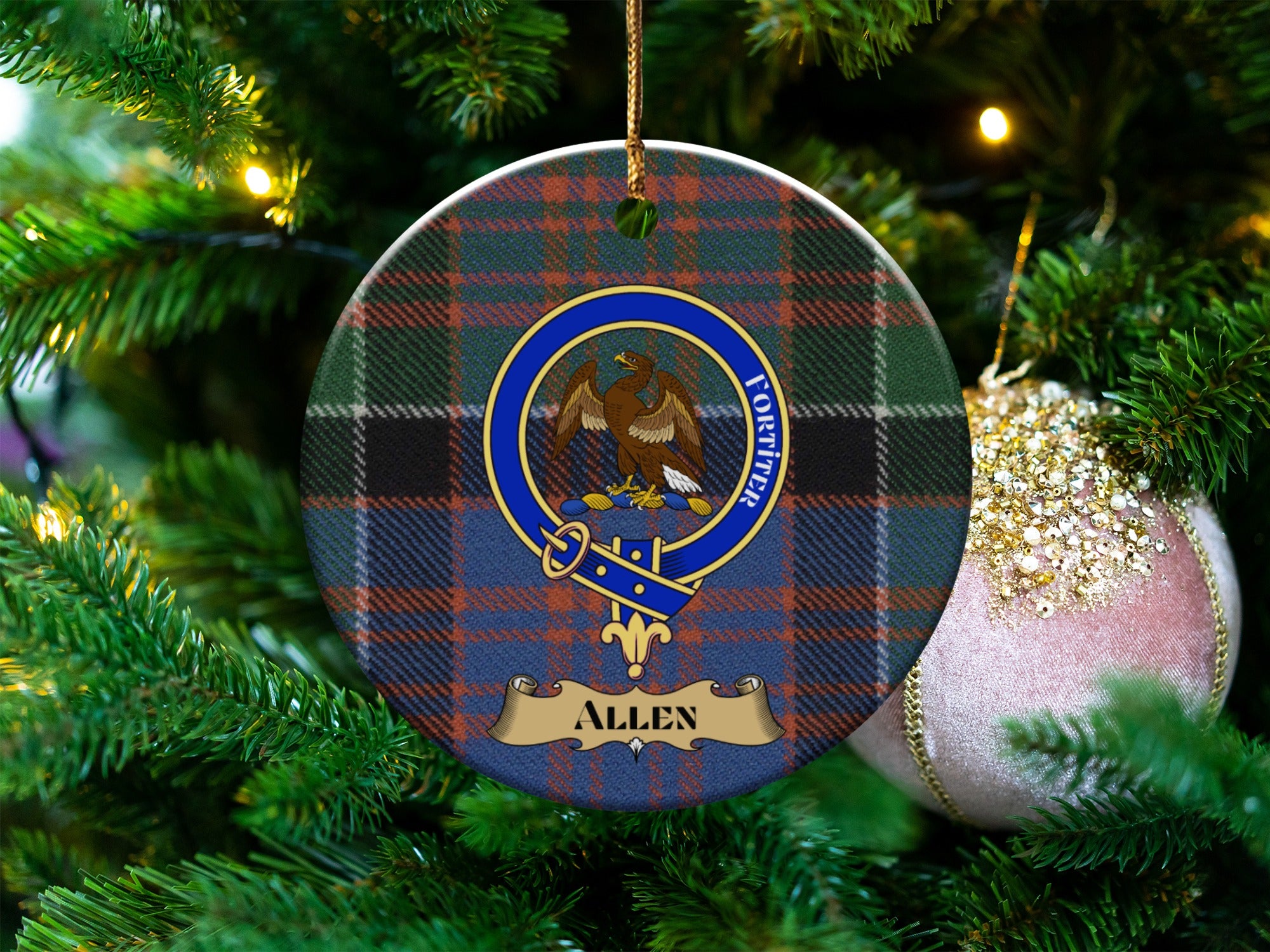 Allen clan crest tartan ceramic ornament with falcon on a Christmas tree