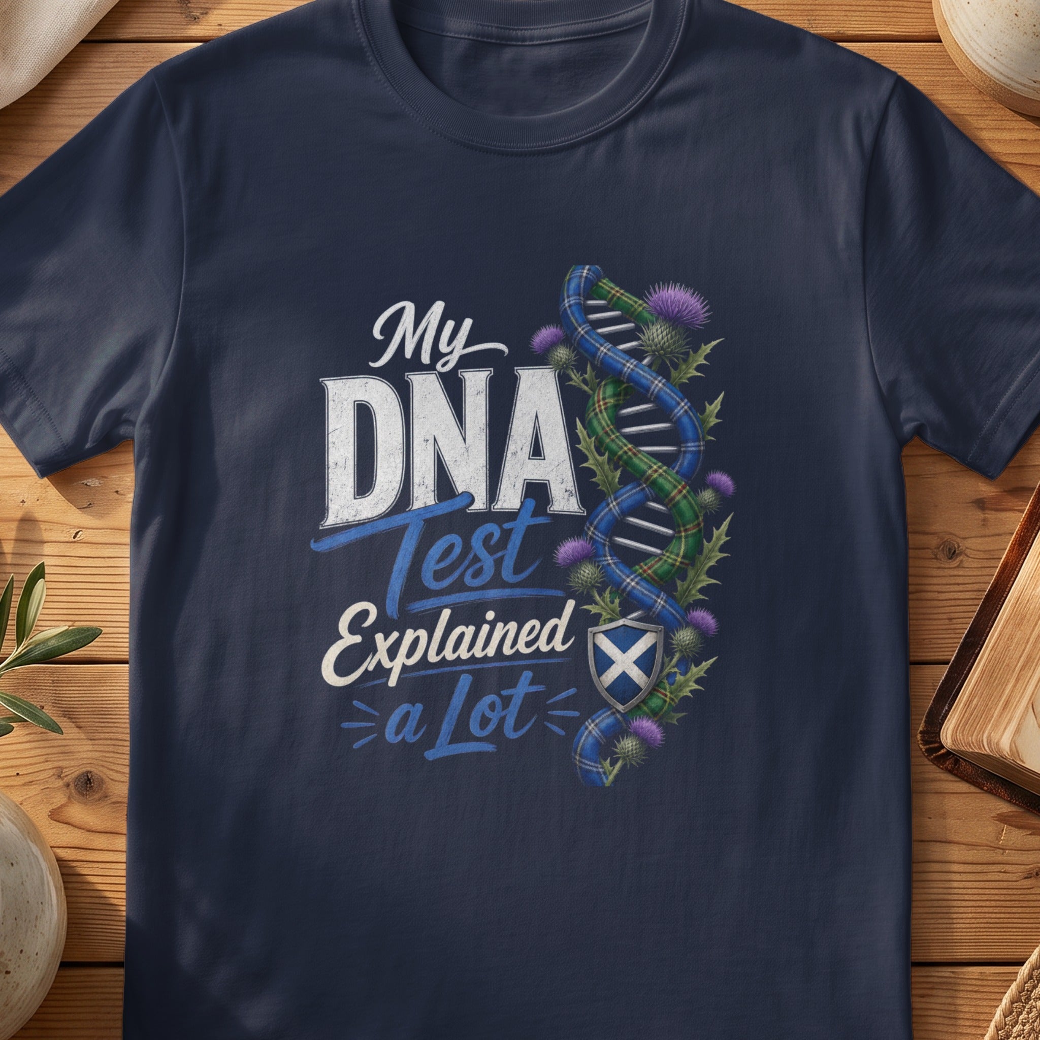 Navy Gildan 64000 unisex T-shirt flatlay with My DNA Test Explained a Lot Scottish graphic design
