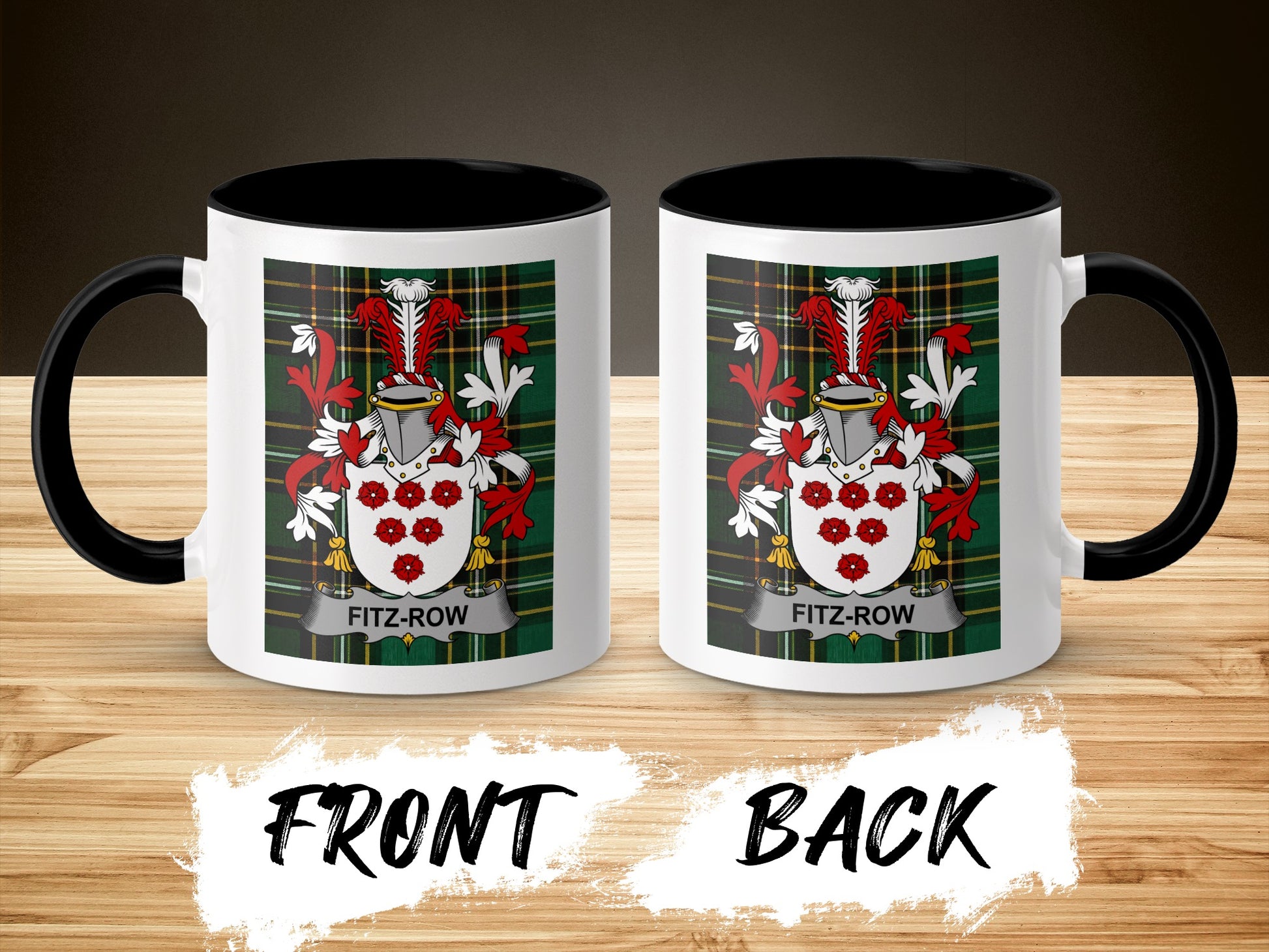 Two mugs displaying a Fitz-Row family crest on a wooden surface.