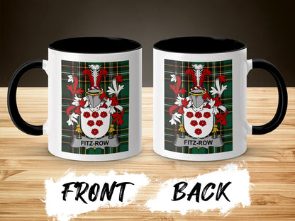 Two mugs displaying a Fitz-Row family crest on a wooden surface.