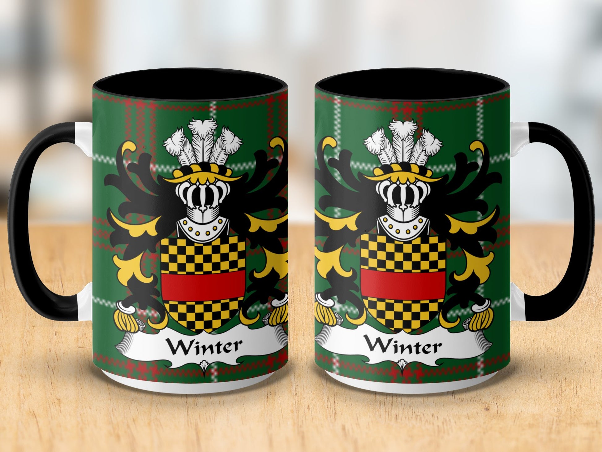 Winter Welsh Surname Coat of Arms on Tartan Background Mug - Living Stone Gifts