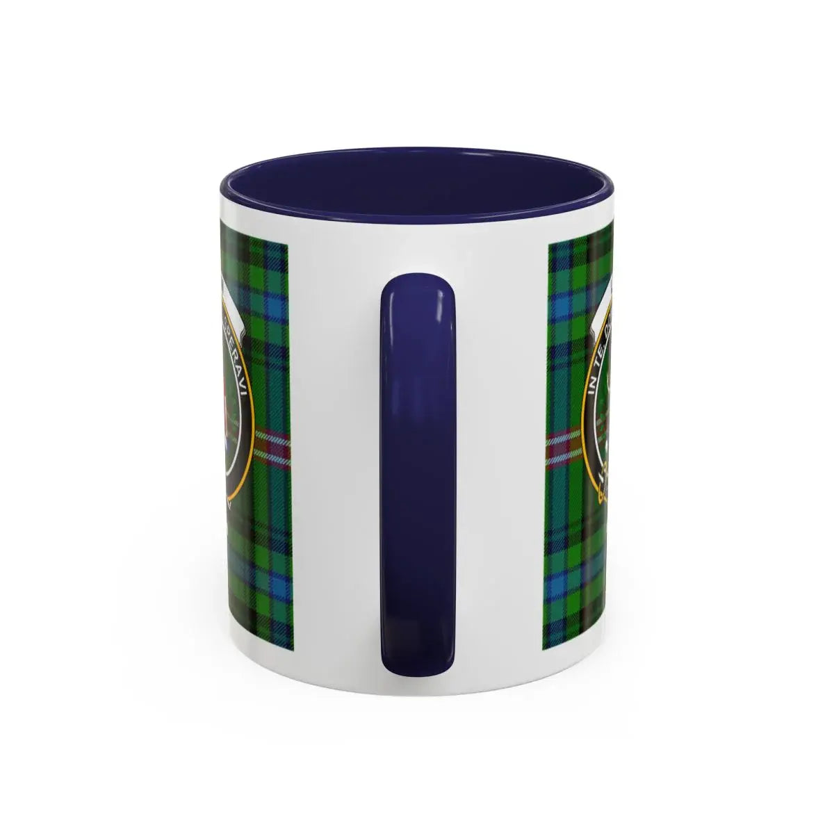 Clan Lyon crest accent mug — 15 oz red handle, size and colour options shown