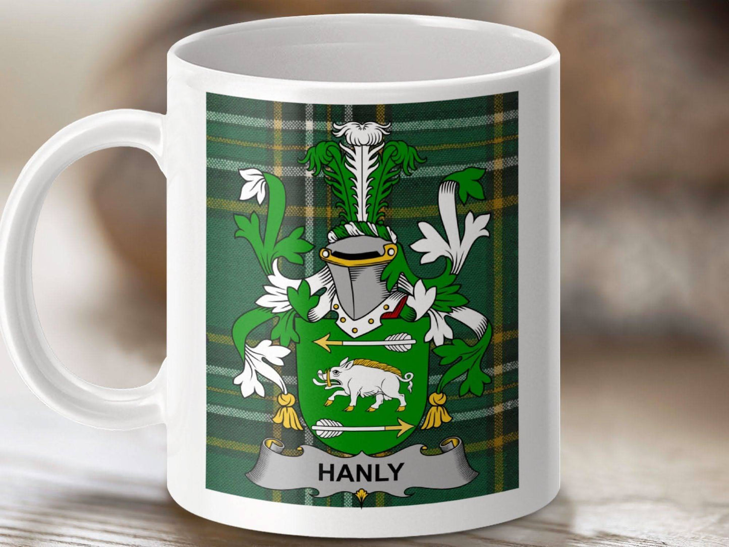 Hanly Surname Family Crest Irish Tartan Mug - Celtic Ancestry Gifts