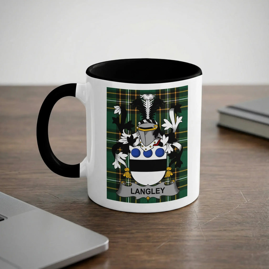 Langley Irish heritage mug with black handle and family crest